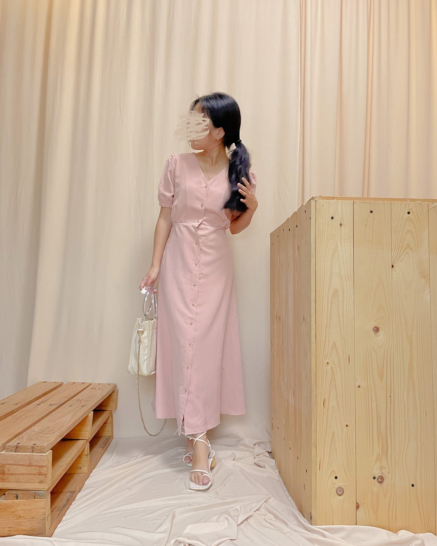 Pastel pink button down maxi dress with back tie