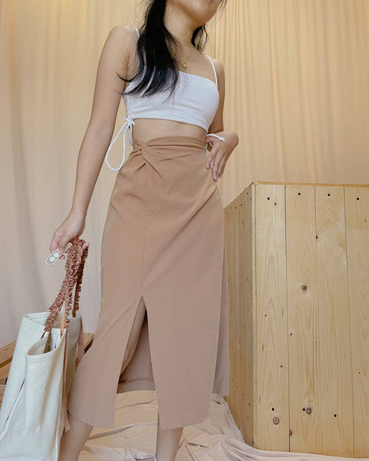 29. brown midi skirt with side twist and slit A40