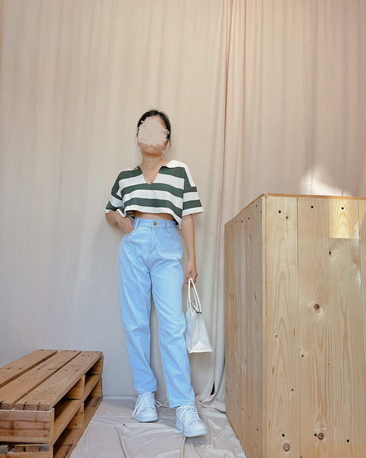 Light washed denim straight cut length pants m16