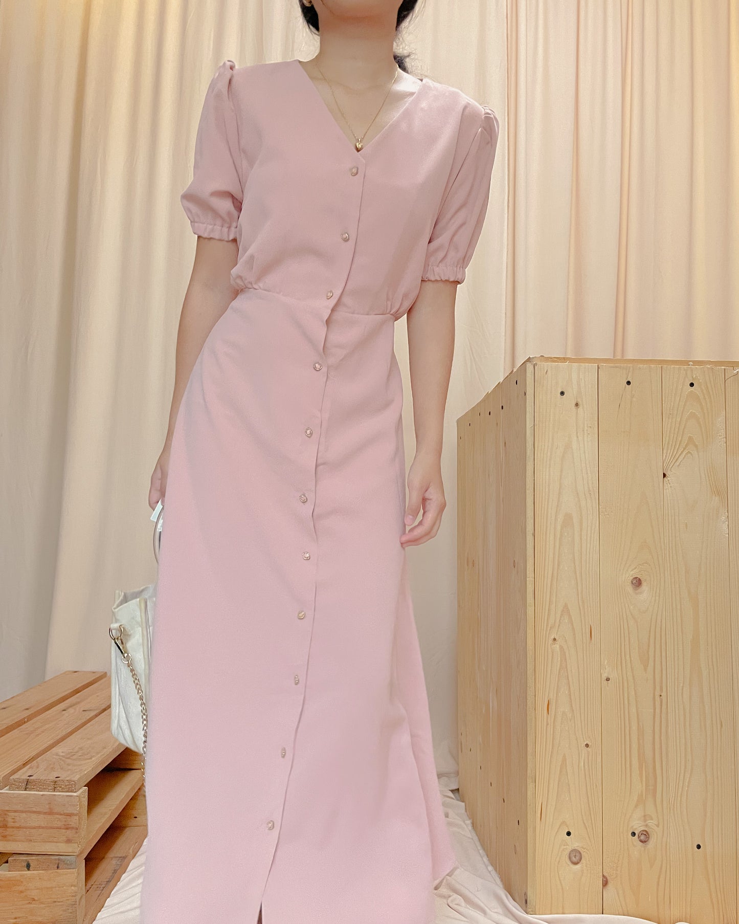 Pastel pink button down maxi dress with back tie