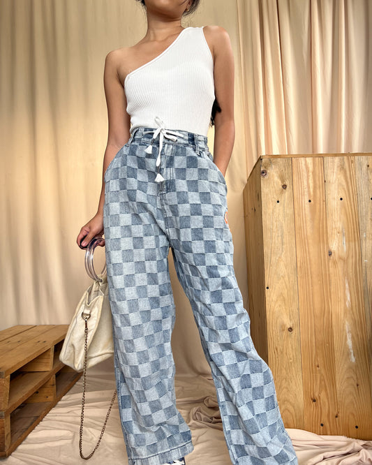 denim gingham wide leg pants L9