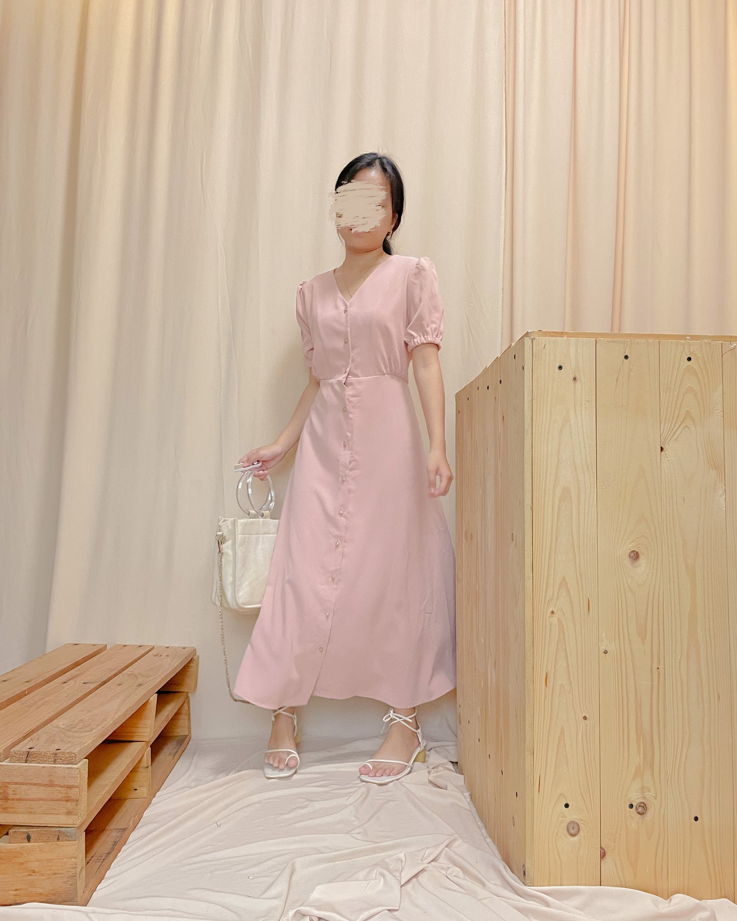 Pastel pink button down maxi dress with back tie